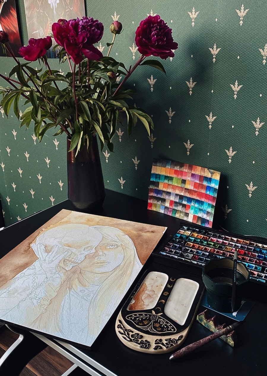 Watercolor painting of a pale woman with long blonde hair holding a cracked skull, wearing white gloves with golden rosary beads, gothic symbolic art print in warm tones