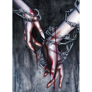 Artistic depiction of hands bound with barbed wire against a dark background