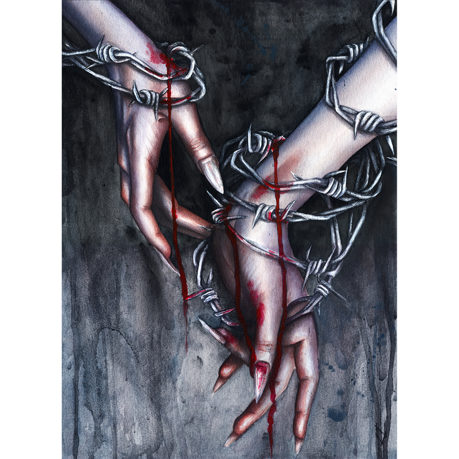 Artistic depiction of hands bound with barbed wire against a dark background