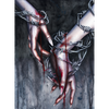Artistic depiction of hands bound with barbed wire against a dark background