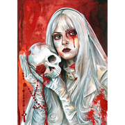 Watercolor painting of a pale gothic woman with long white hair holding a skull with a red rose, wearing white gloves, with blood tears and red background