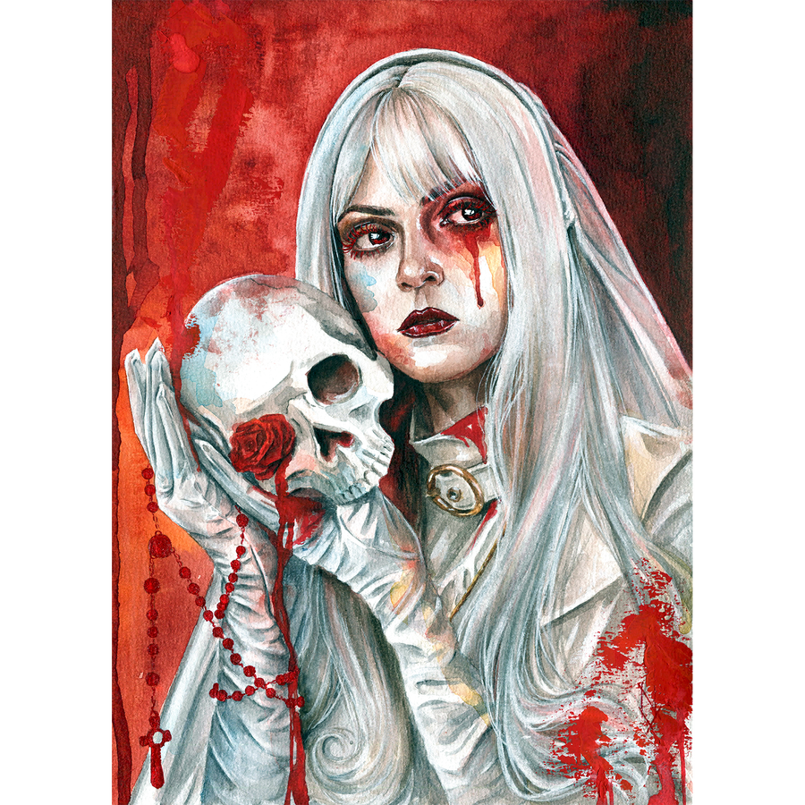 Watercolor painting of a pale gothic woman with long white hair holding a skull with a red rose, wearing white gloves, with blood tears and red background