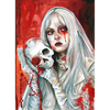 Watercolor painting of a pale gothic woman with long white hair holding a skull with a red rose, wearing white gloves, with blood tears and red background