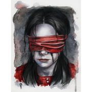Artistic depiction of a person with a red blindfold on a watercolor background