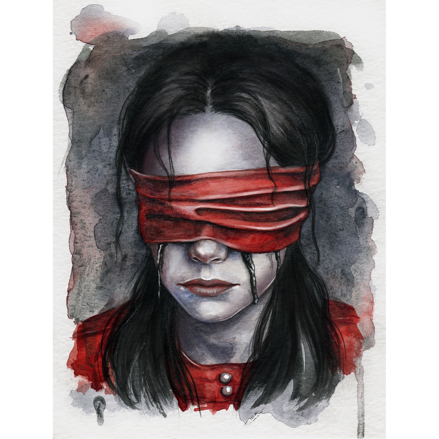 Artistic depiction of a person with a red blindfold on a watercolor background