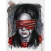 Artistic depiction of a person with a red blindfold on a watercolor background