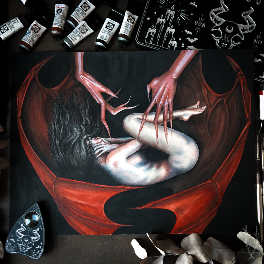 Artistic depiction of a dark scene with a red and black color scheme, featuring a figure and a hand reaching towards a face.