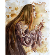 Artistic depiction of a woman holding a candle against a watercolor background
