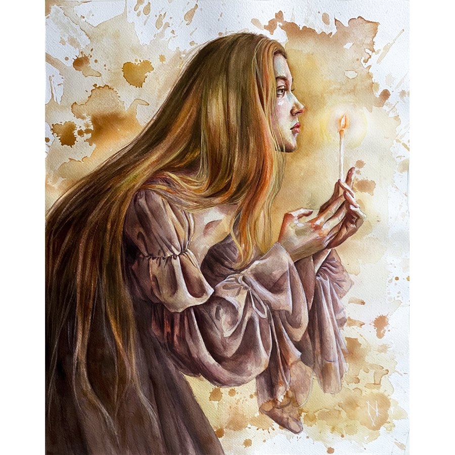 Artistic depiction of a woman holding a candle against a watercolor background