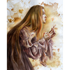 Artistic depiction of a woman holding a candle against a watercolor background