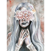 Watercolor painting of a pale woman with long silver hair, black lips, and eyes covered by a bouquet of pink flowers, gothic surreal art print with folded hands