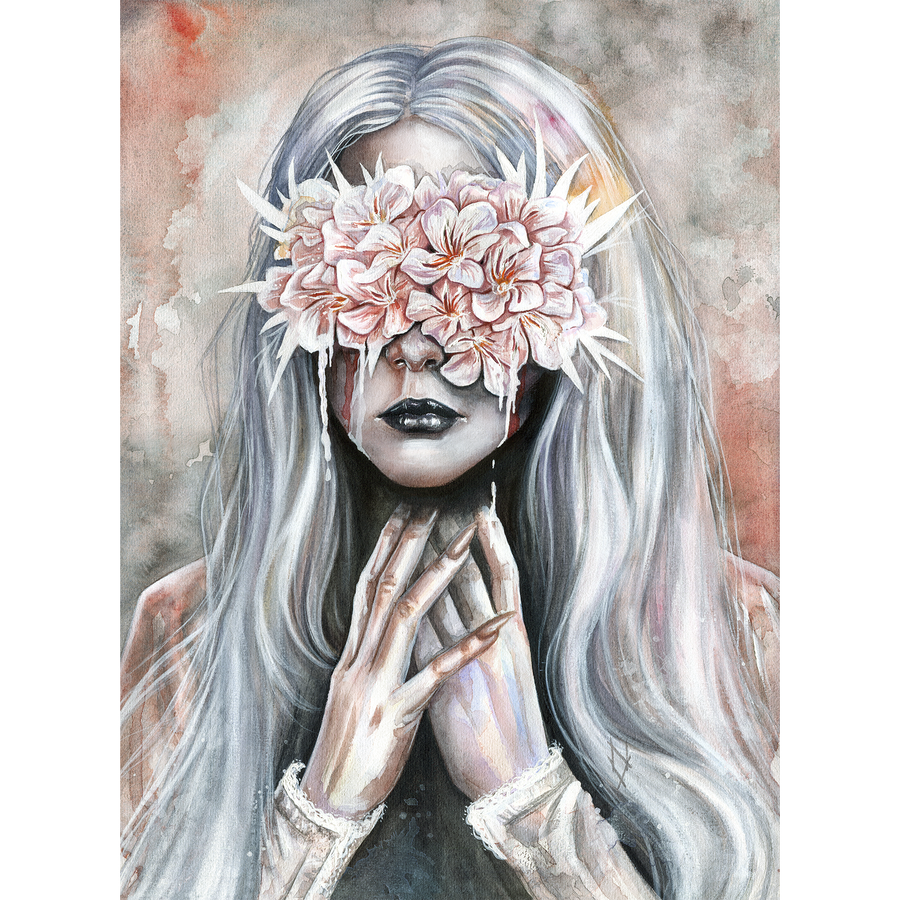 Watercolor painting of a pale woman with long silver hair, black lips, and eyes covered by a bouquet of pink flowers, gothic surreal art print with folded hands