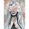 Watercolor painting of a pale woman with long silver hair, black lips, and eyes covered by a bouquet of pink flowers, gothic surreal art print with folded hands