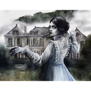 Woman in a historical dress standing in front of an old house with a misty background