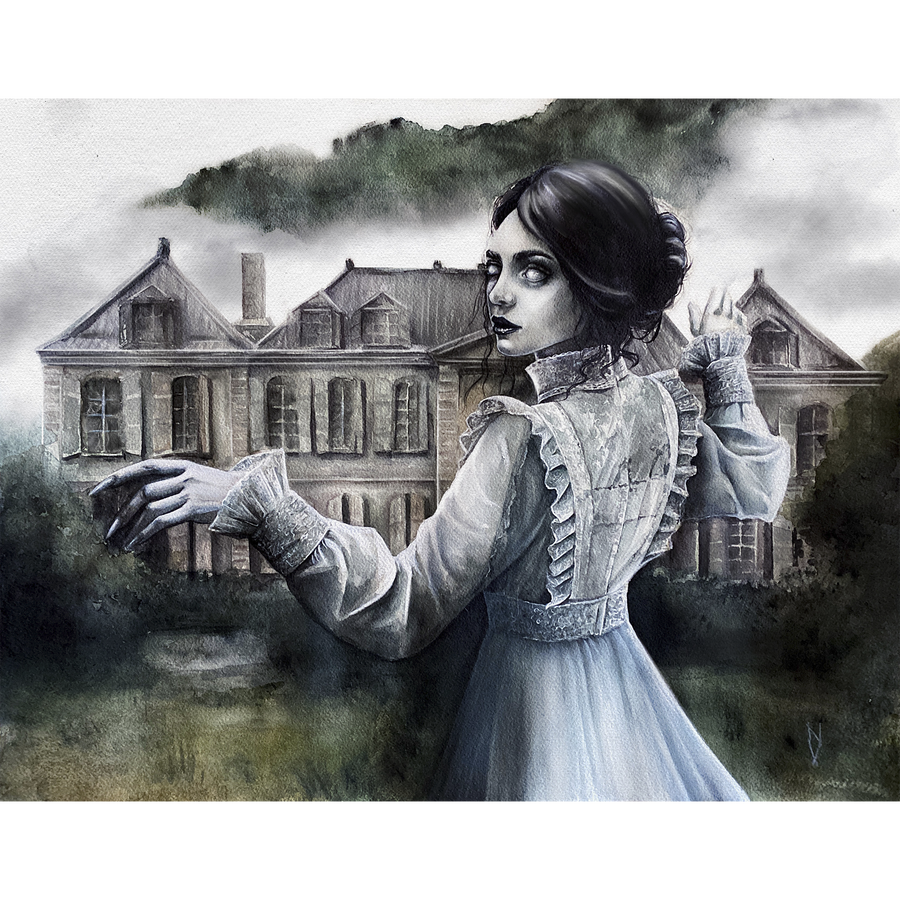 Woman in a historical dress standing in front of an old house with a misty background