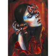 Watercolor painting of a woman with closed eyes wearing a red dress, with a red and black snake coiled around her head and hand, dark gothic art print
