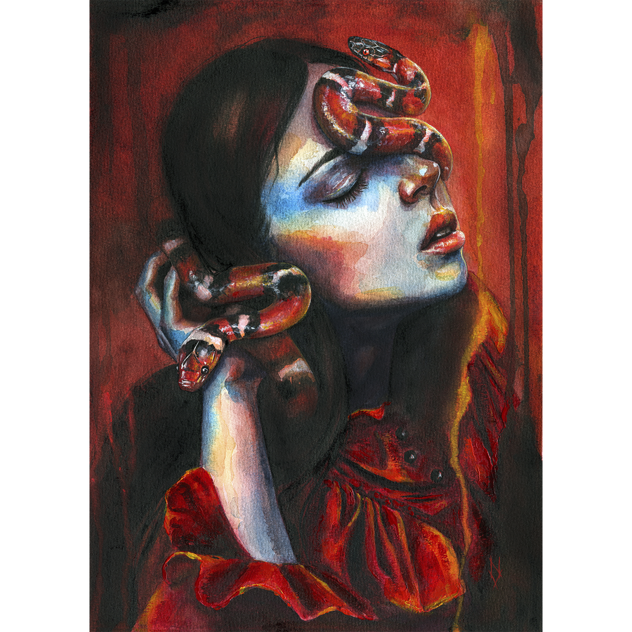 Watercolor painting of a woman with closed eyes wearing a red dress, with a red and black snake coiled around her head and hand, dark gothic art print
