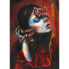 Watercolor painting of a woman with closed eyes wearing a red dress, with a red and black snake coiled around her head and hand, dark gothic art print
