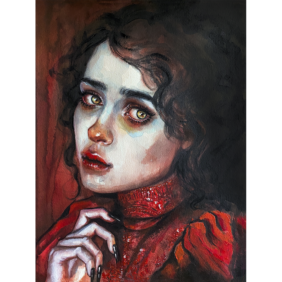 Artistic portrait of a person with dark hair and red clothing, featuring a close-up of the face.