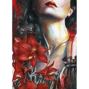 Watercolor painting of a gothic woman with red lips and dark hair, surrounded by large red flowers, symbolic dark art print with dramatic contrast