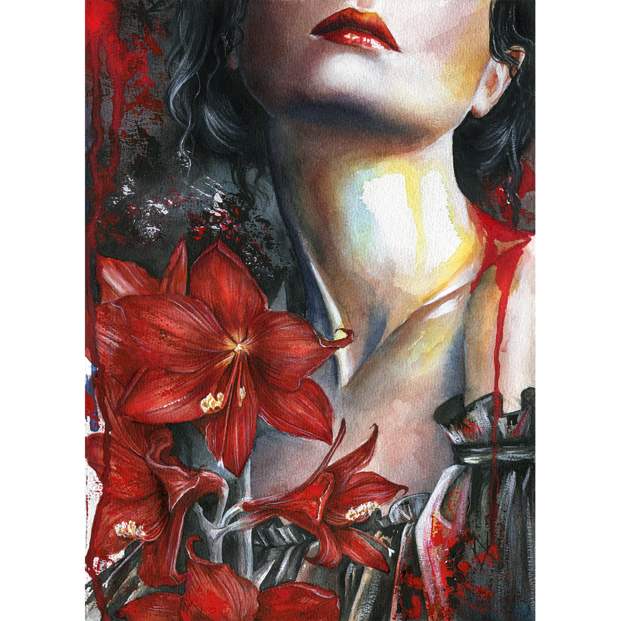 Watercolor painting of a gothic woman with red lips and dark hair, surrounded by large red flowers, symbolic dark art print with dramatic contrast