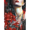 Watercolor painting of a gothic woman with red lips and dark hair, surrounded by large red flowers, symbolic dark art print with dramatic contrast