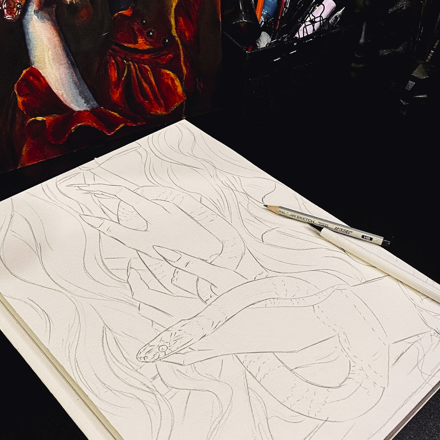 Watercolor painting of pale hands with long nails holding a red and black snake, gothic dark art print with red background