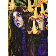 Watercolor painting of a gothic woman with long dark hair and glowing amber eyes, wearing a purple dress, surrounded by yellow angel’s trumpet flowers