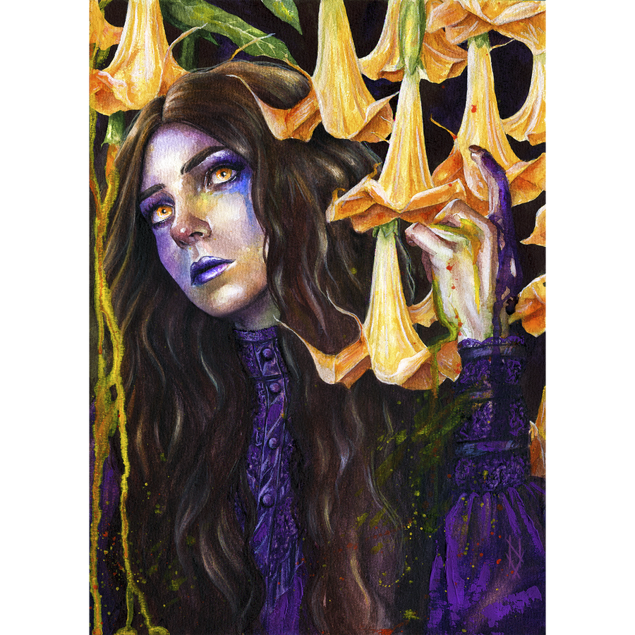 Watercolor painting of a gothic woman with long dark hair and glowing amber eyes, wearing a purple dress, surrounded by yellow angel’s trumpet flowers
