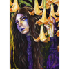 Watercolor painting of a gothic woman with long dark hair and glowing amber eyes, wearing a purple dress, surrounded by yellow angel’s trumpet flowers