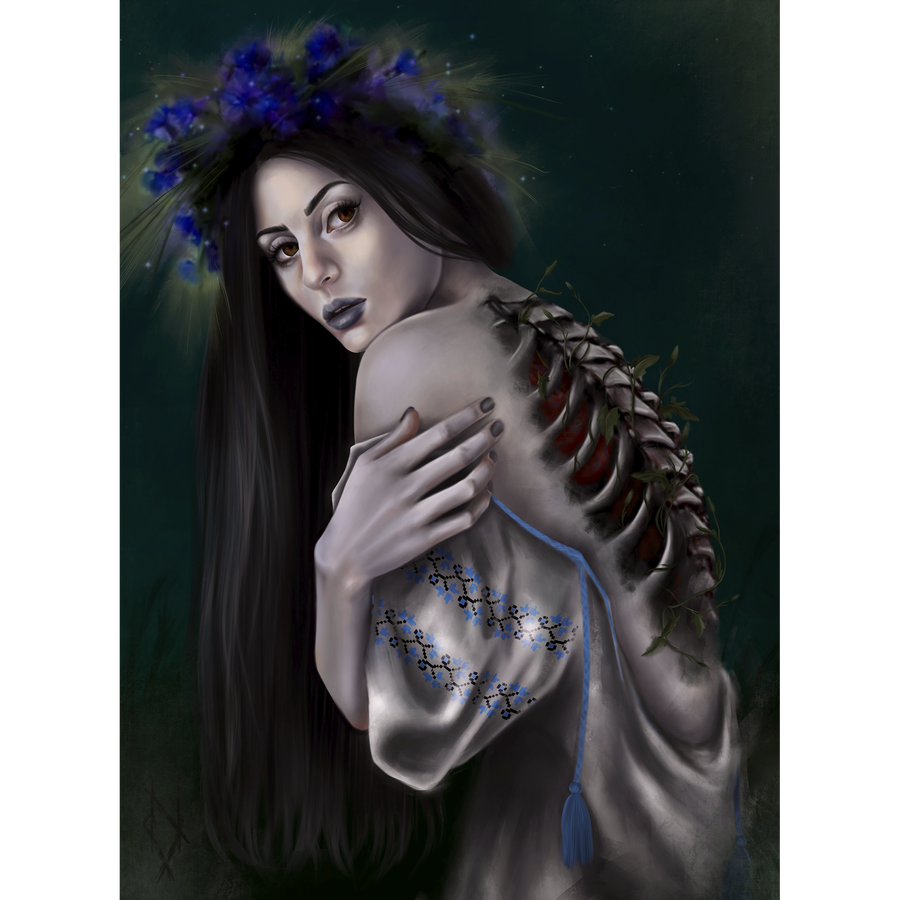 Mavka (or Nyavka) - in pre-Christian beliefs, a female spirit of nature who lived in the woods, mountains, and fields. Some believed that Mavkas were dead young girls. They are very beautiful and seductive. 