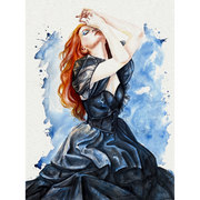 Artistic illustration of a woman in a black dress with red hair against a blue and white watercolor background