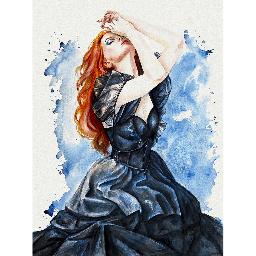Artistic illustration of a woman in a black dress with red hair against a blue and white watercolor background