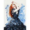 Artistic illustration of a woman in a black dress with red hair against a blue and white watercolor background