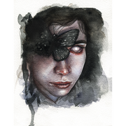 Artistic depiction of a face with a butterfly on one eye, watercolor style.