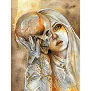 Watercolor painting of a pale woman with long blonde hair holding a cracked skull, wearing white gloves with golden rosary beads, gothic symbolic art print in warm tones