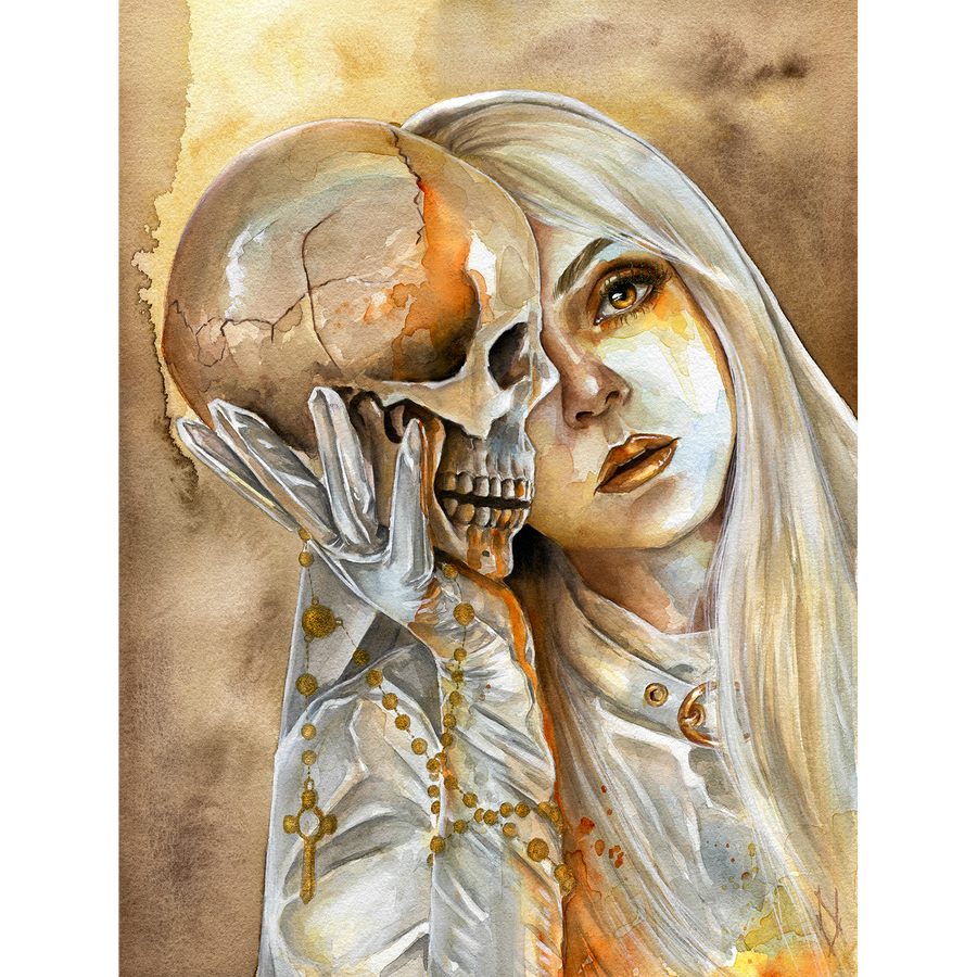Watercolor painting of a pale woman with long blonde hair holding a cracked skull, wearing white gloves with golden rosary beads, gothic symbolic art print in warm tones