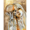 Watercolor painting of a pale woman with long blonde hair holding a cracked skull, wearing white gloves with golden rosary beads, gothic symbolic art print in warm tones