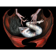 Artistic depiction of a woman being embraced by a red, winged creature on a black background