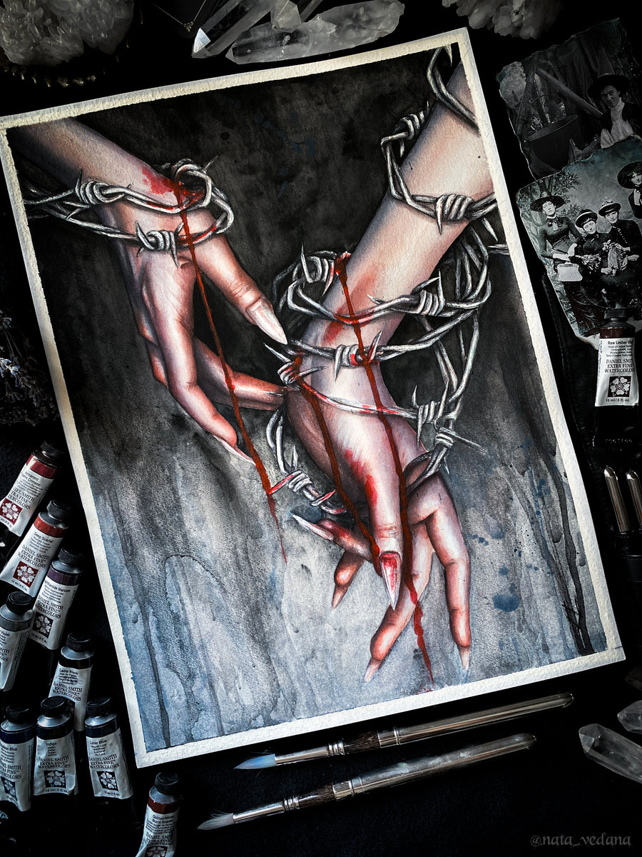 Artistic depiction of bound hands with barbed wire, surrounded by art supplies.