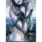 Watercolor painting of a half-nude woman with long hair standing in water, holding a dark snake wrapped around her body, gothic fantasy art print