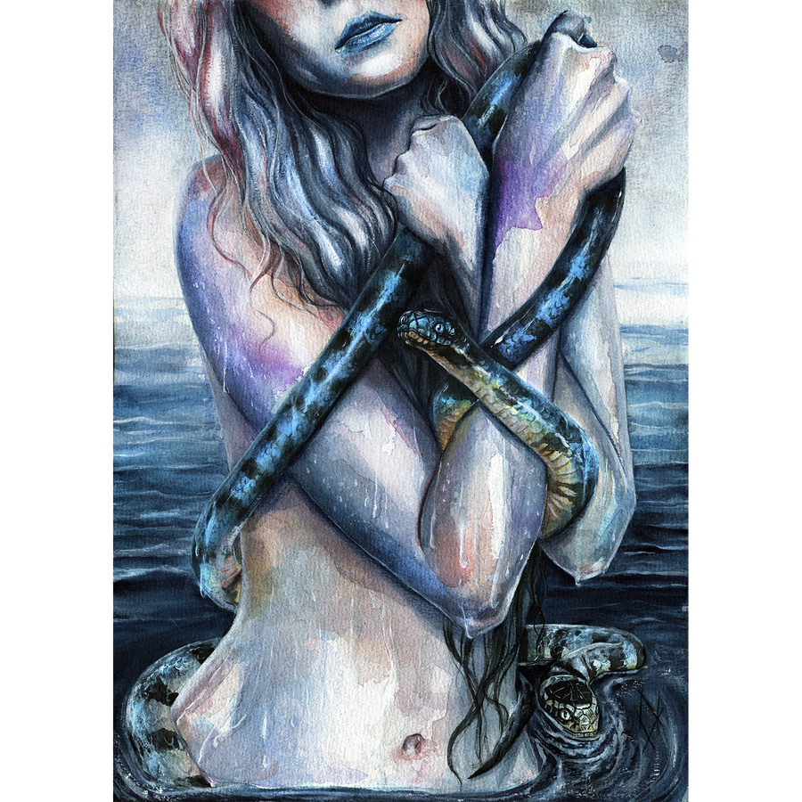 Watercolor painting of a half-nude woman with long hair standing in water, holding a dark snake wrapped around her body, gothic fantasy art print