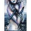 Watercolor painting of a half-nude woman with long hair standing in water, holding a dark snake wrapped around her body, gothic fantasy art print