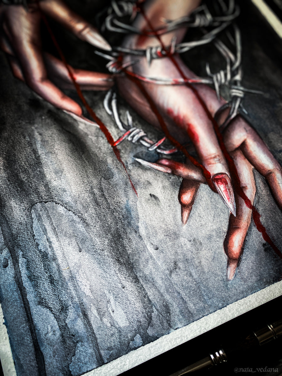 Artistic depiction of hands bound with barbed wire on a textured surface