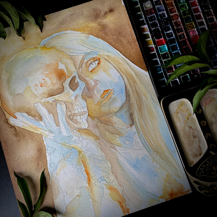Watercolor painting of a pale woman with long blonde hair holding a cracked skull, wearing white gloves with golden rosary beads, gothic symbolic art print in warm tones