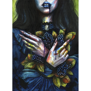 Watercolor painting of a gothic woman in a dark dress with crossed pale hands holding clusters of black berries and autumn leaves, with blue lips and dripping paint effect