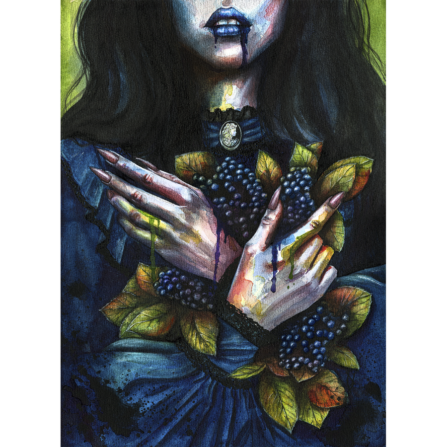 Watercolor painting of a gothic woman in a dark dress with crossed pale hands holding clusters of black berries and autumn leaves, with blue lips and dripping paint effect