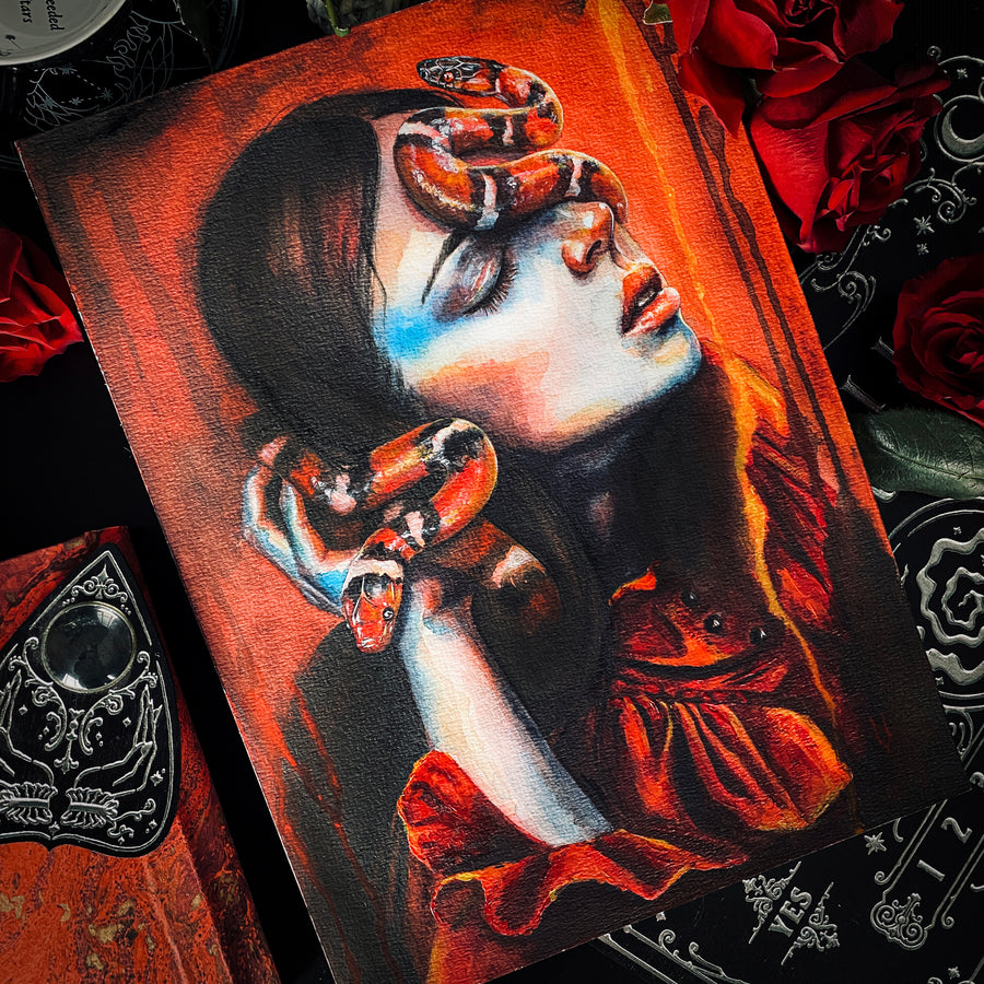 Watercolor painting of a woman with closed eyes wearing a red dress, with a red and black snake coiled around her head and hand, dark gothic art print