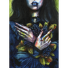 Watercolor painting of a gothic woman in a dark dress with crossed pale hands holding clusters of black berries and autumn leaves, with blue lips and dripping paint effect