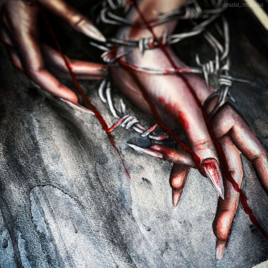 Artistic depiction of a hand with sharp nails piercing barbed wire on a textured surface.